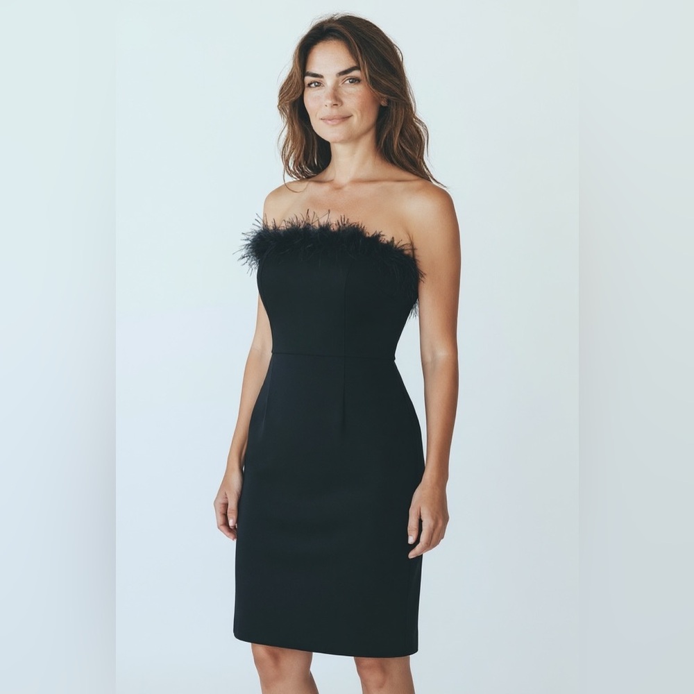 Reformation Black Strapless Feather Trim Mini Dress